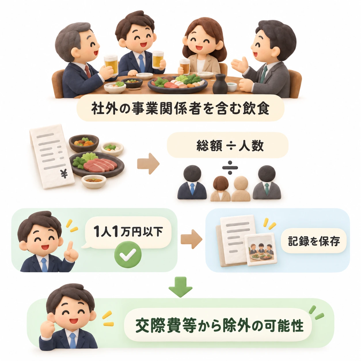 社外の事業関係者を含む飲食について、総額を人数で割り、1人1万円以下かと記録保存を確認する流れを示したクレイ風図解