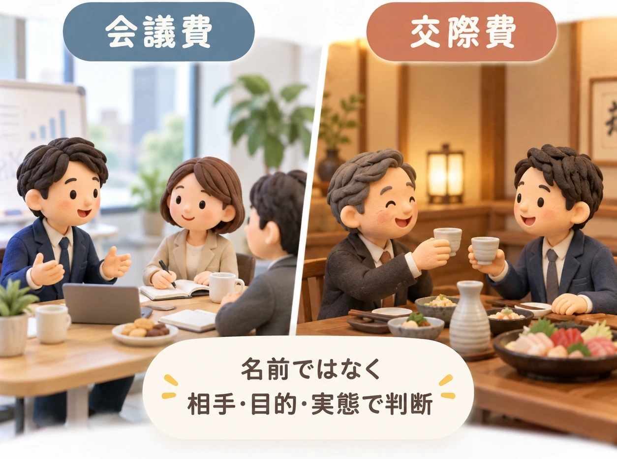 会議費と交際費を、打合せと会食の場面で対比したクレイ風イラスト