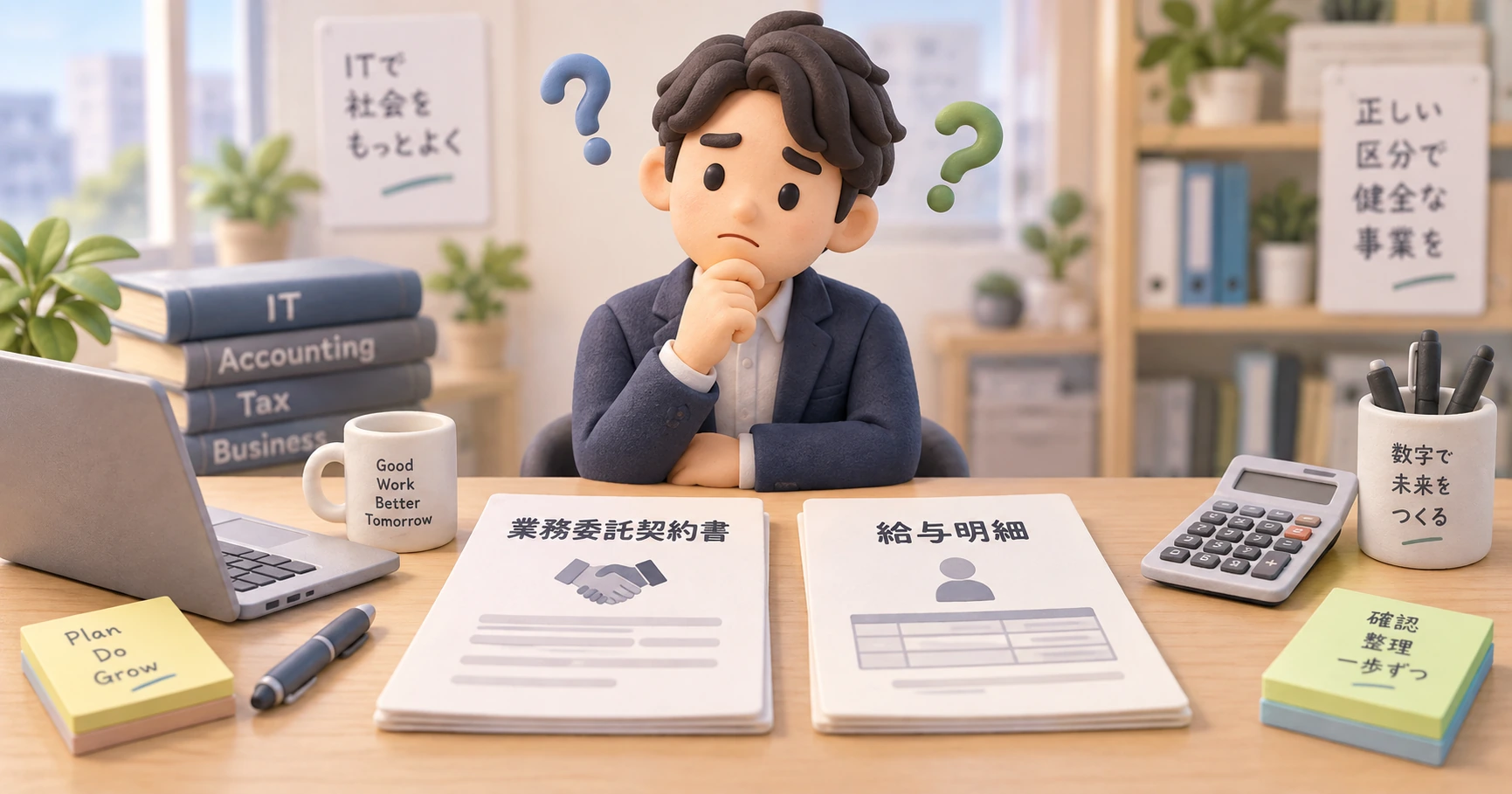 業務委託契約書と給与明細を前に、外注費か給与か迷いながら考えているビジネスパーソンのクレイ風イラスト