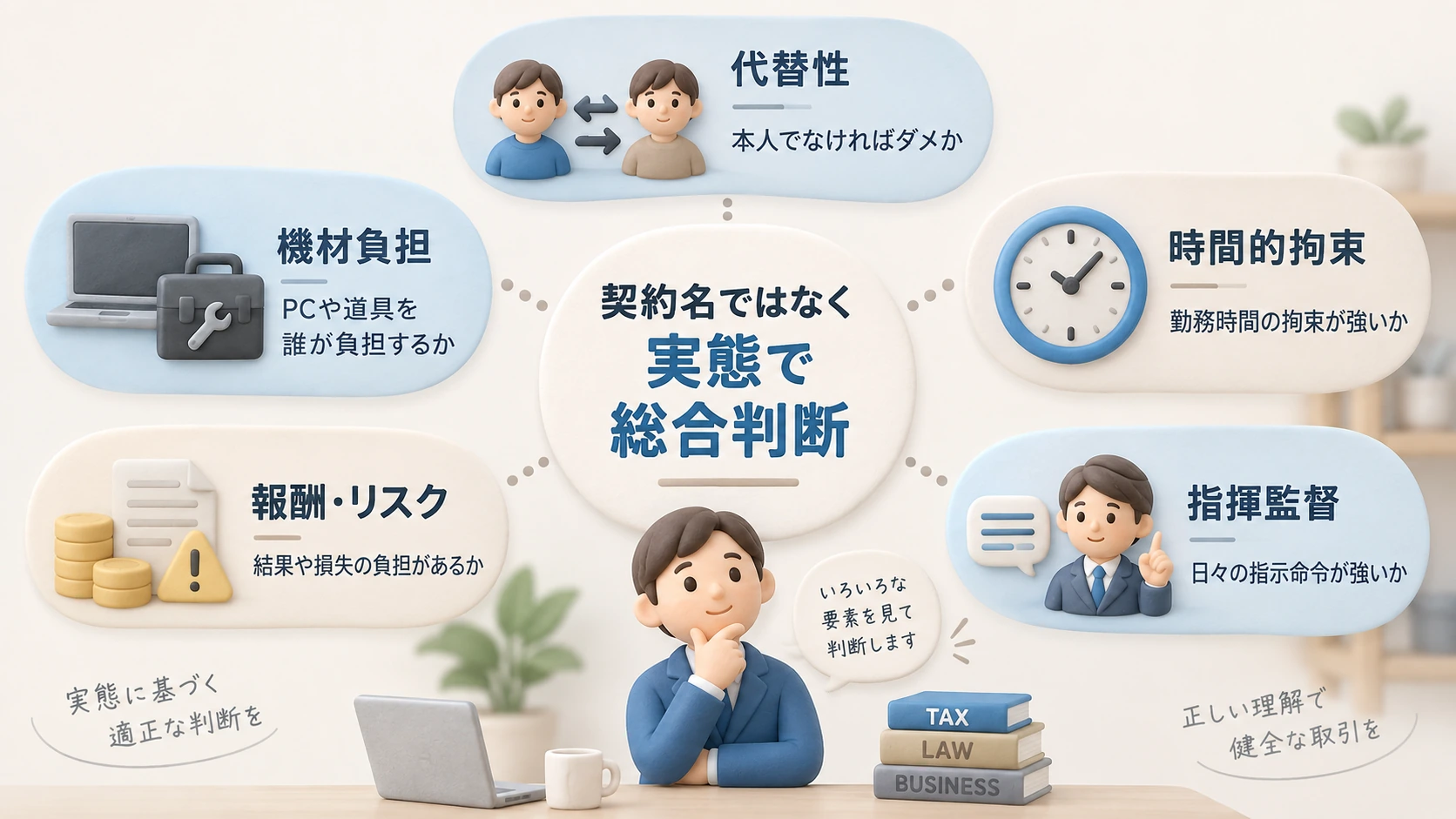 外注費か給与かを判断する際の5つの視点。代替性、時間的拘束、指揮監督、報酬・リスク、機材負担を契約名ではなく実態から総合判断することを示したクレイ風の図