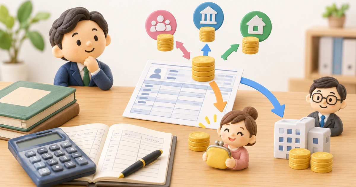給与明細と電卓・帳簿を囲む粘土風の人物と、手取額や税金・社会保険料等へのお金の流れを表すイラスト