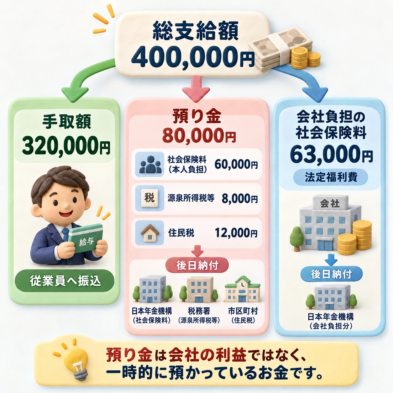 給与総額40万円から手取額32万円と預り金8万円に分かれる様子。預り金の内訳は社会保険料6万円、源泉所得税等8千円、住民税1万2千円。会社負担の社会保険料6万3千円は別途発生することを示した説明図