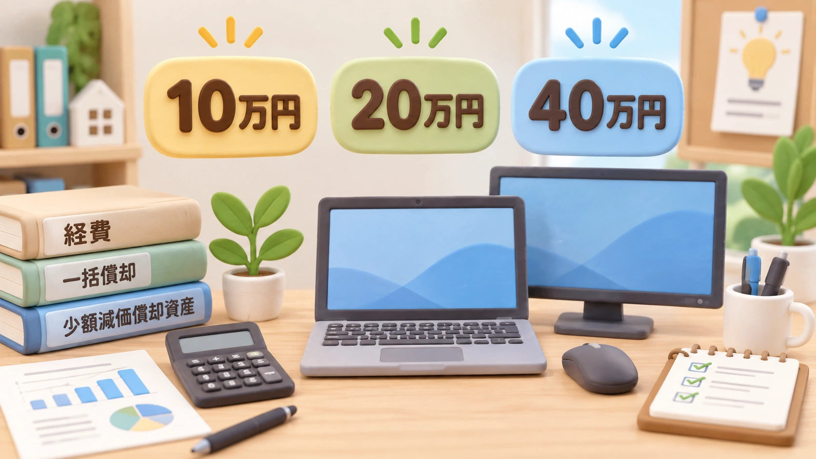 パソコンと周辺機器の横に10万円・20万円・40万円の基準を示した会計整理のイメージ