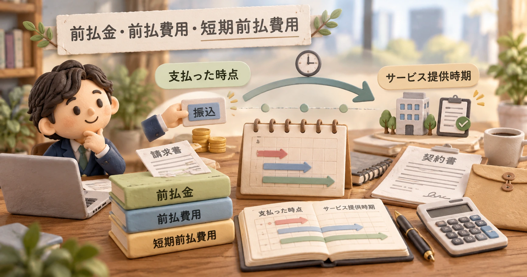 前払金・前払費用・短期前払費用の違いを、支払った時点とサービス提供時期の対比で表したクレイ風の経理イメージ