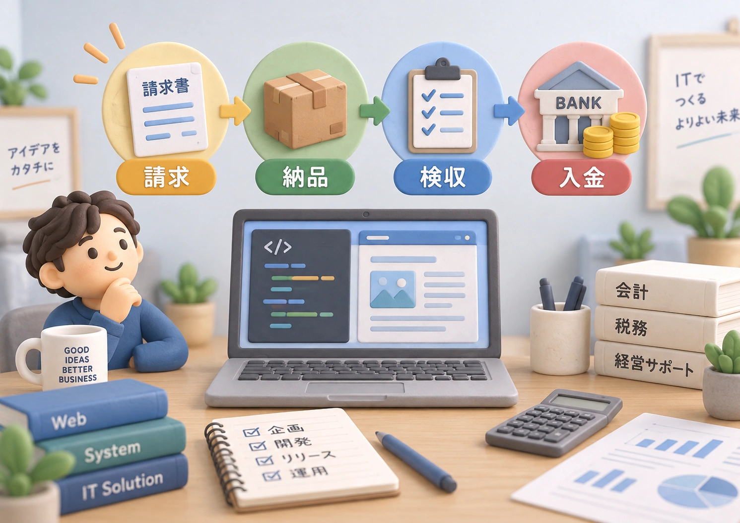 請求書、納品、検収、入金の4つのタイミングを並べ、売上計上日を確認するIT事業者のクレイ風イラスト