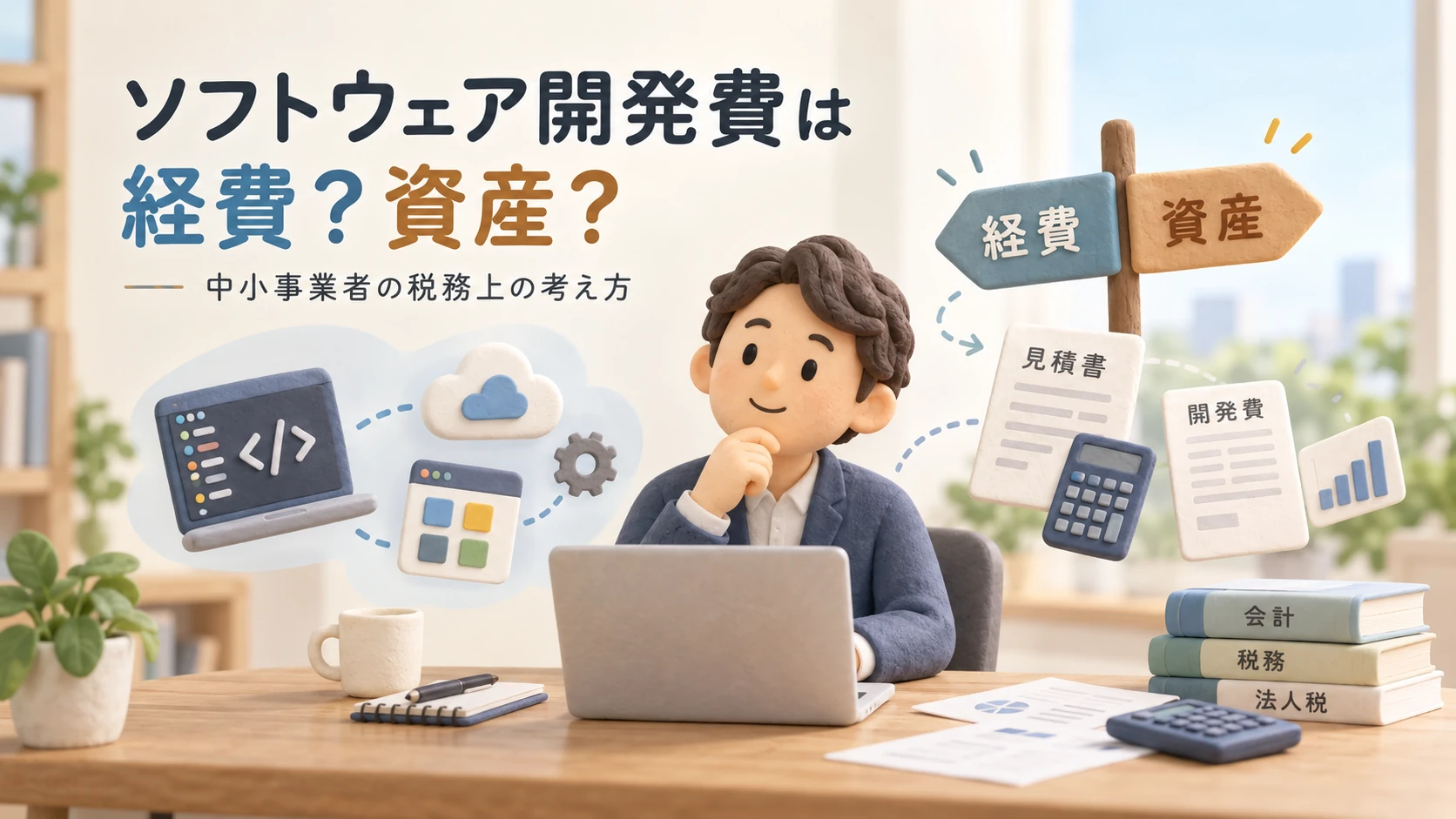 ソフトウェア開発費が経費か資産かを検討している中小事業者を、経費・資産の案内標識や見積書・開発費資料とともに描いたクレイ風のアイキャッチ画像