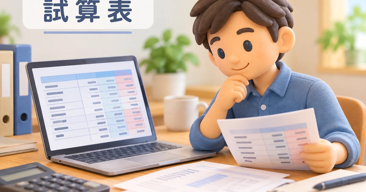 試算表の画面と印刷資料を見比べながら内容を確認する人を描いたクレイ風イラスト