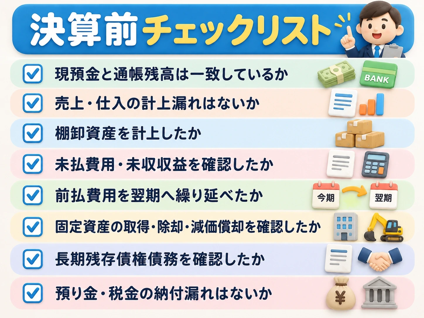 決算前チェックリスト。現預金、売上・仕入、棚卸資産、未払・未収、前払費用、固定資産、長期残存債権債務、預り金・税金の8項目
